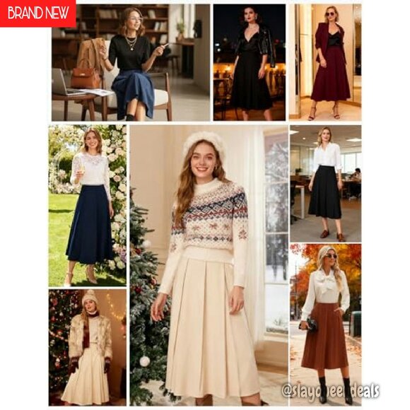 High Waisted Pleated Midi Skirt with Pockets, Flowy A-Line Design - Picture 6 of 8